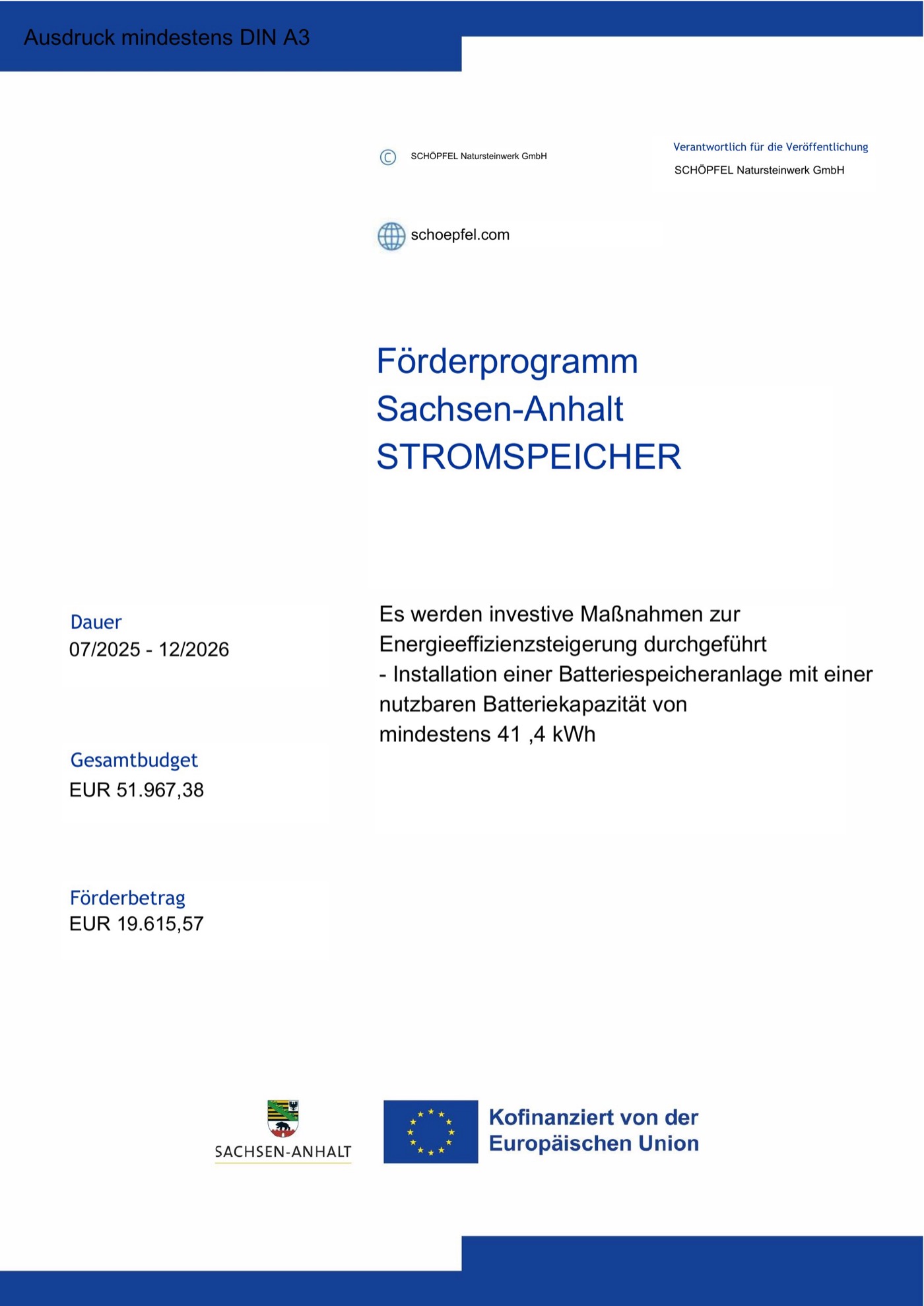 Förderplakat: Förderprogramm Sachsen-Anhalt Stromspeicher, Batteriespeicheranlage der SCHÖPFEL Natursteinwerk GmbH, kofinanziert von der Europäischen Union